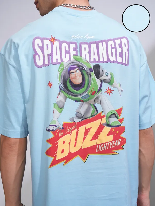 Disney By Highlander Men Blue Buzz Lightyear Printed Round Neck Oversized Fit T-Shirt