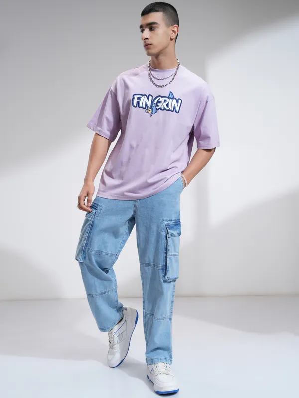 Pixar By Highlander Men Mauve Fin Grin Printed Round Neck Oversized Fit T-Shirt