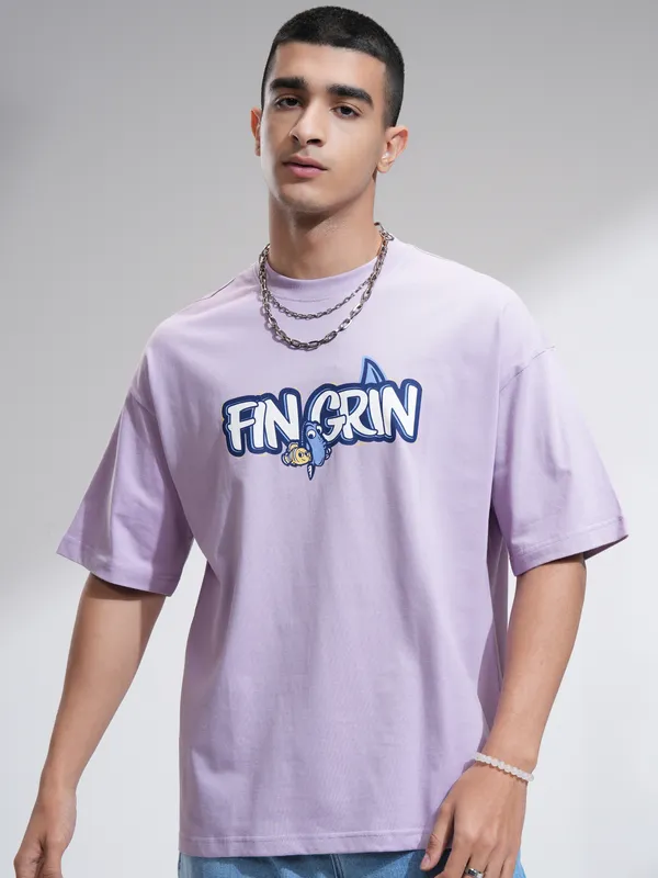 Pixar By Highlander Men Mauve Fin Grin Printed Round Neck Oversized Fit T-Shirt