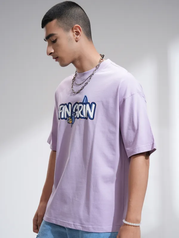 Pixar By Highlander Men Mauve Fin Grin Printed Round Neck Oversized Fit T-Shirt