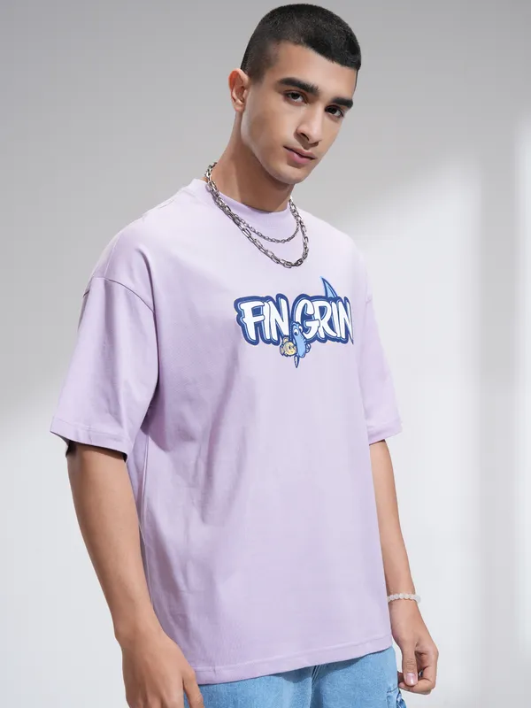 Pixar By Highlander Men Mauve Fin Grin Printed Round Neck Oversized Fit T-Shirt