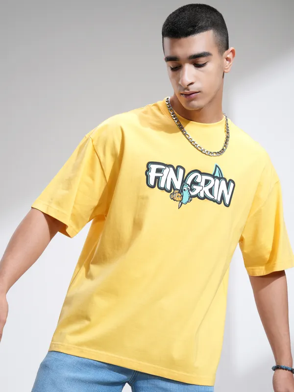 Pixar By Highlander Men Yellow Fin Grin Printed Round Neck Oversized Fit T-Shirt