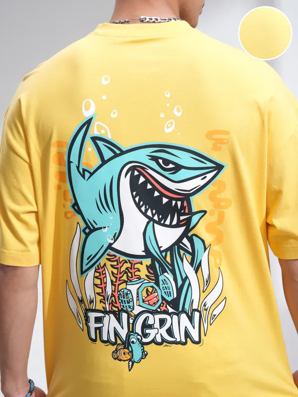 Pixar By Highlander Men Yellow Fin Grin Printed Round Neck Oversized Fit T-Shirt