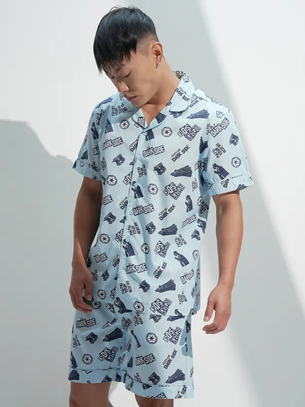 Star Wars By Highlander Men Blue Darth Vader Shirt With Shorts Co-Ords