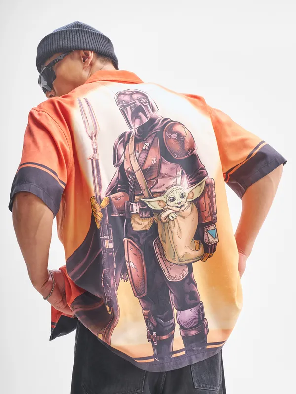 Star Wars By Highlander Men Orange The Mandalorian And Grogu Printed Relaxed Fit Casual Shirt