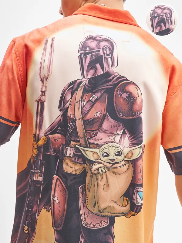 Star Wars By Highlander Men Orange The Mandalorian And Grogu Printed Relaxed Fit Casual Shirt