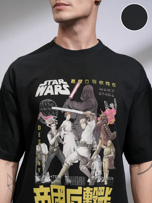 Highlander Men Black Star Wars Printed Round Neck Oversized Fit T-Shirt