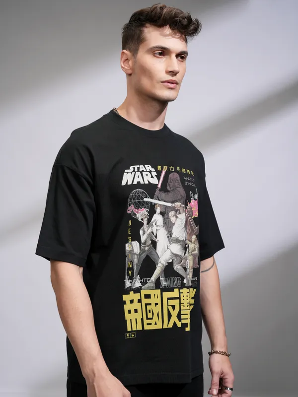 Highlander Men Black Star Wars Printed Round Neck Oversized Fit T-Shirt