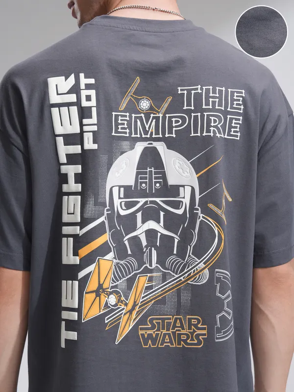 Star Wars By Highlander Men Grey Darth Vader Printed Oversized Fit T-Shirt