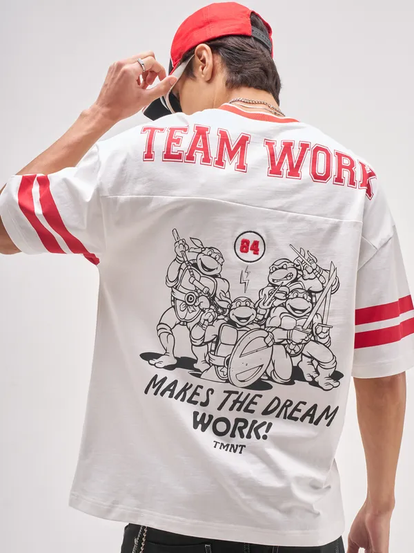 Highlander Men White Ninja Turtles Embroidered V-Neck Embroidered T-Shirt