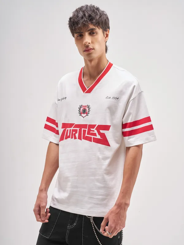 Highlander Men White Ninja Turtles Embroidered V-Neck Embroidered T-Shirt