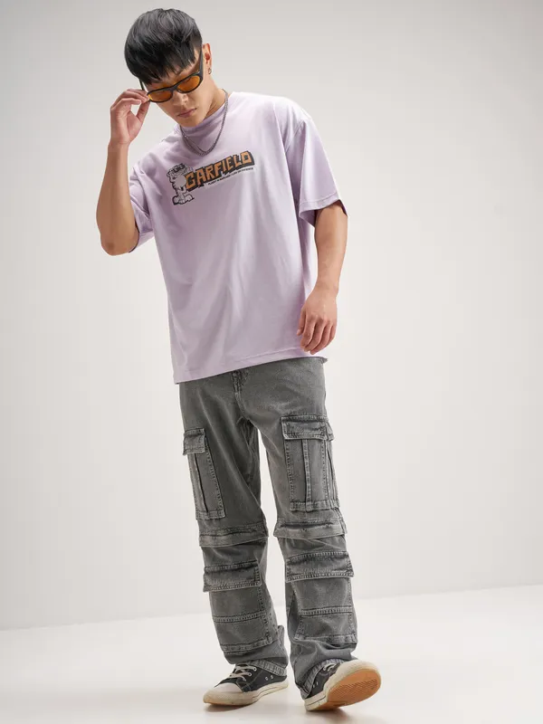 Highlander Men Lavender Garfield Printed Round Neck Oversized Fit T-Shirt