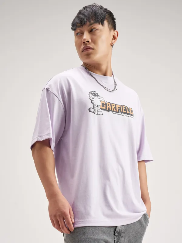 Highlander Men Lavender Garfield Printed Round Neck Oversized Fit T-Shirt