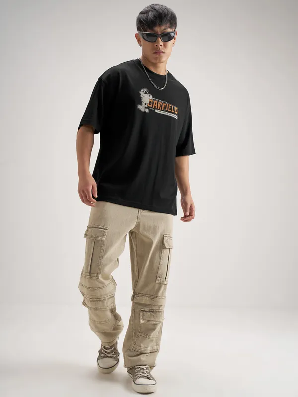 Highlander Men Black Garfield Printed Round Neck Oversized Fit T-Shirt