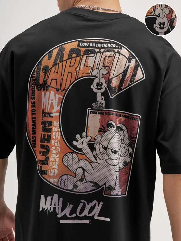 Highlander Men Black Garfield Printed Round Neck Oversized Fit T-Shirt