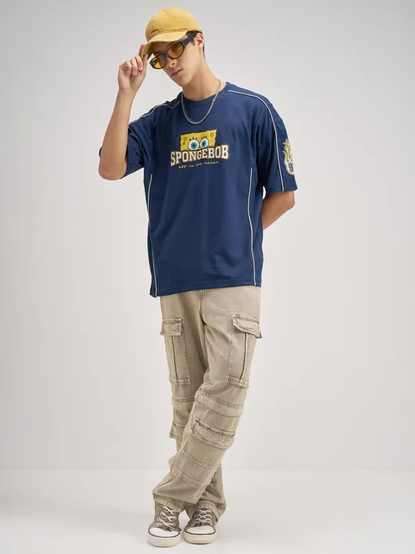 Spongebob Squarepants Men Printed Round Neck Oversized Fit T-Shirt