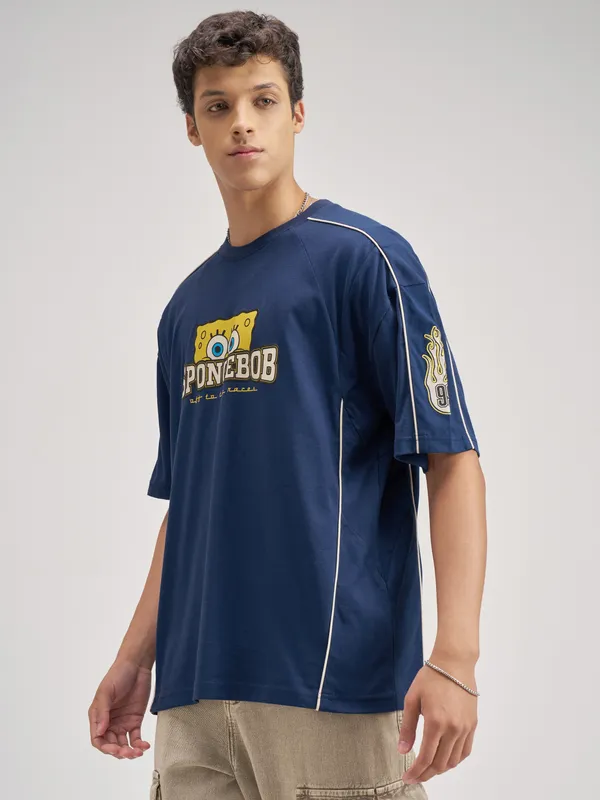 Spongebob Squarepants Men Printed Round Neck Oversized Fit T-Shirt