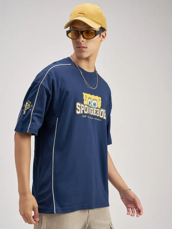 Spongebob Squarepants Men Printed Round Neck Oversized Fit T-Shirt