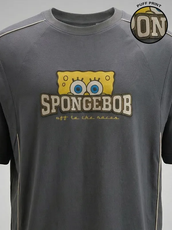 Spongebob Squarepants Men Printed Round Neck Oversized Fit T-Shirt