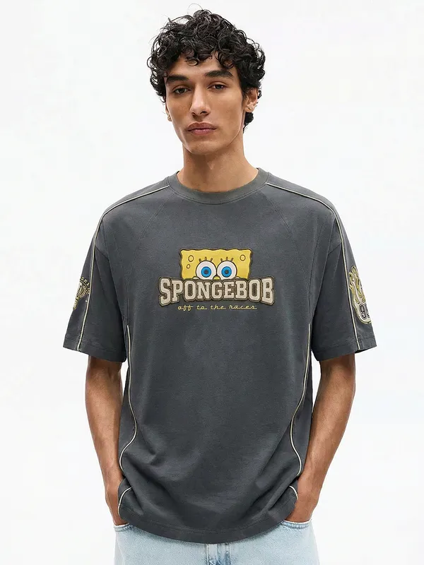 Spongebob Squarepants Men Printed Round Neck Oversized Fit T-Shirt