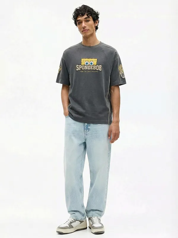 Spongebob Squarepants Men Printed Round Neck Oversized Fit T-Shirt