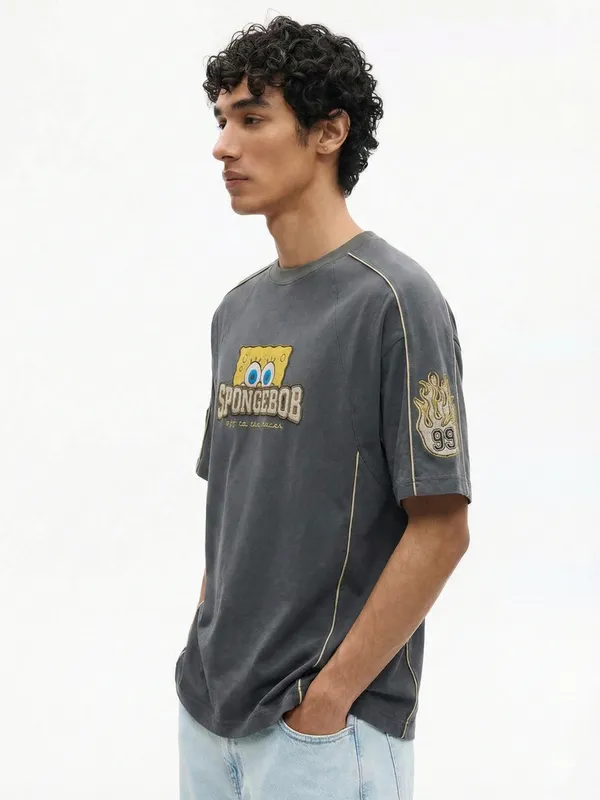 Spongebob Squarepants Men Printed Round Neck Oversized Fit T-Shirt