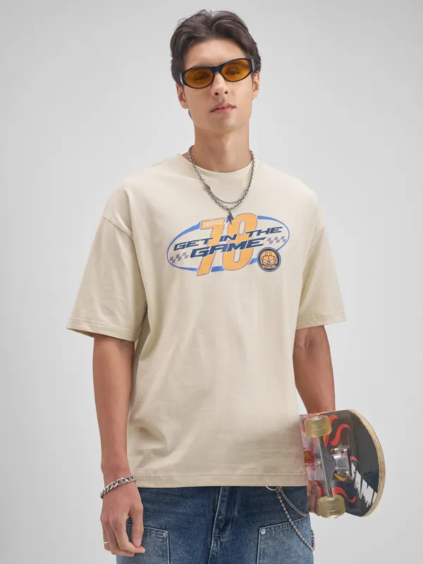 Highlander Men Beige Garfield Printed Round Neck T-Shirt