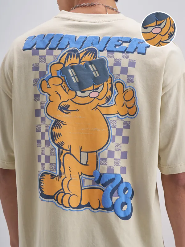 Highlander Men Beige Garfield Printed Round Neck T-Shirt