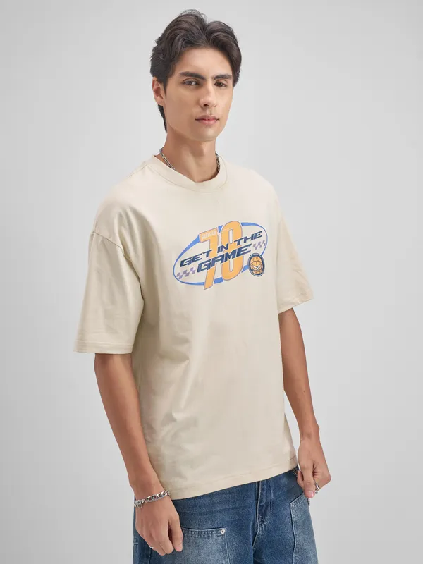 Highlander Men Beige Garfield Printed Round Neck T-Shirt