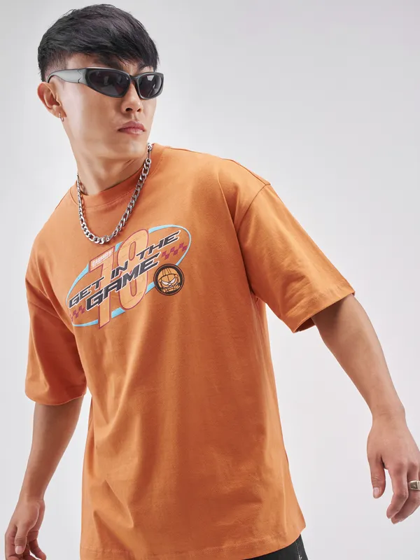 Highlander Men Rust Garfield Printed Round Neck Oversized Fit T-Shirt