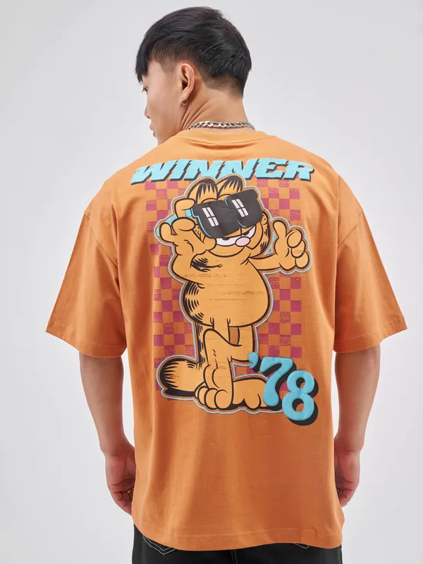 Highlander Men Rust Garfield Printed Round Neck Oversized Fit T-Shirt