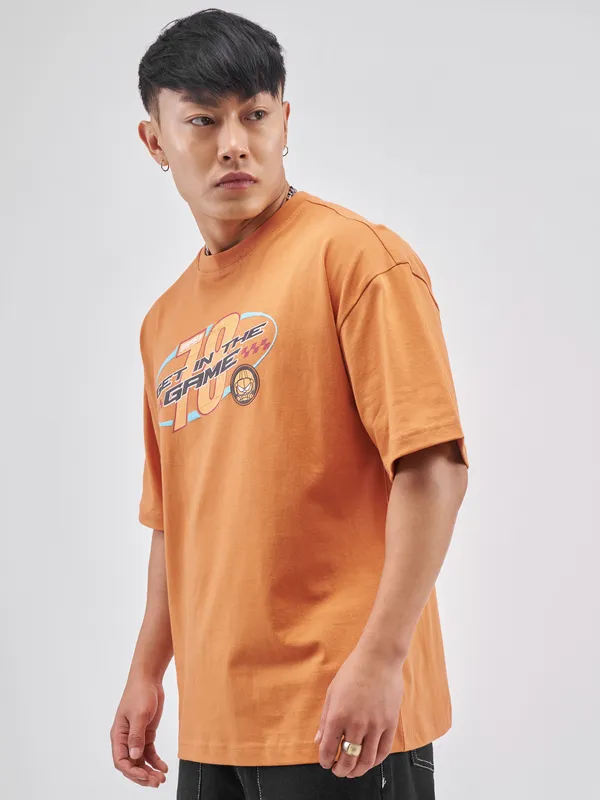 Highlander Men Rust Garfield Printed Round Neck Oversized Fit T-Shirt