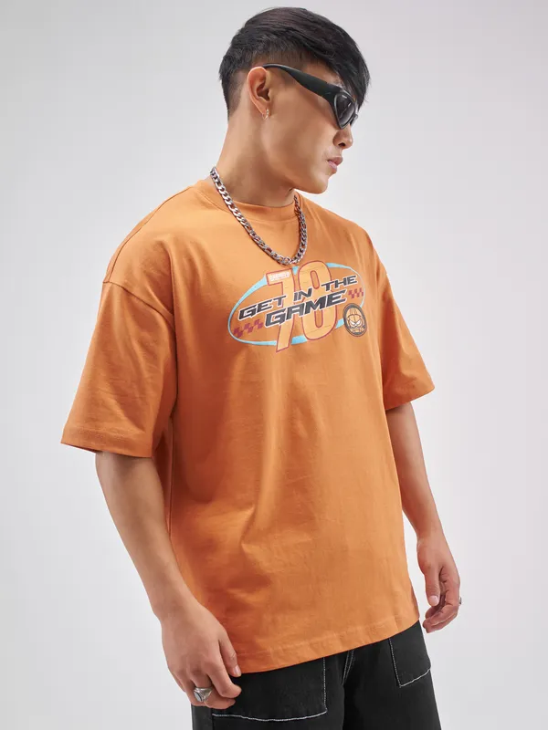 Highlander Men Rust Garfield Printed Round Neck Oversized Fit T-Shirt