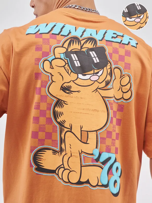 Highlander Men Rust Garfield Printed Round Neck Oversized Fit T-Shirt