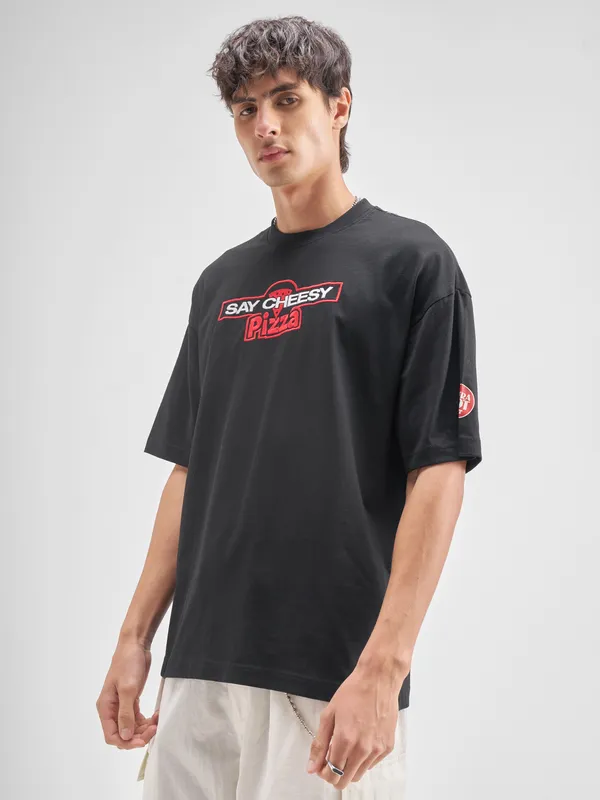 Highlander Men Black Ninja Turtles Embroidered Round Neck Embroidered T-Shirt