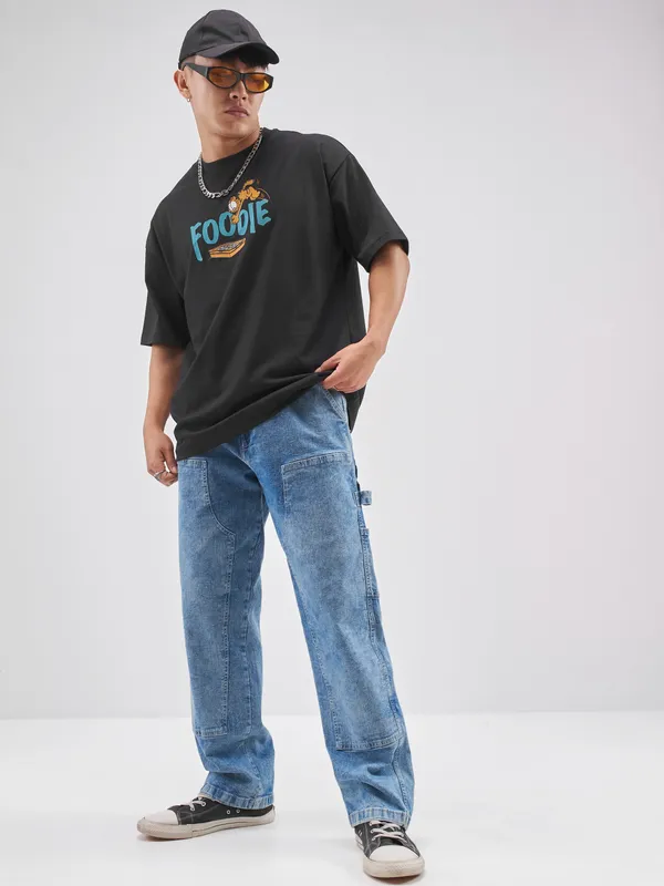 Highlander Men Black Garfield Printed Round Neck Oversized Fit T-Shirt