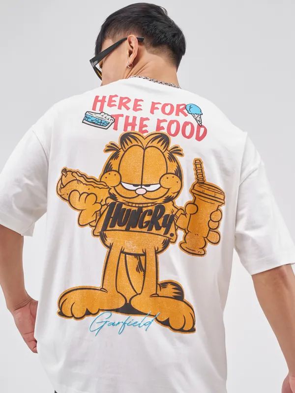 Highlander Men White Garfield Printed Round Neck Oversized Fit T-Shirt