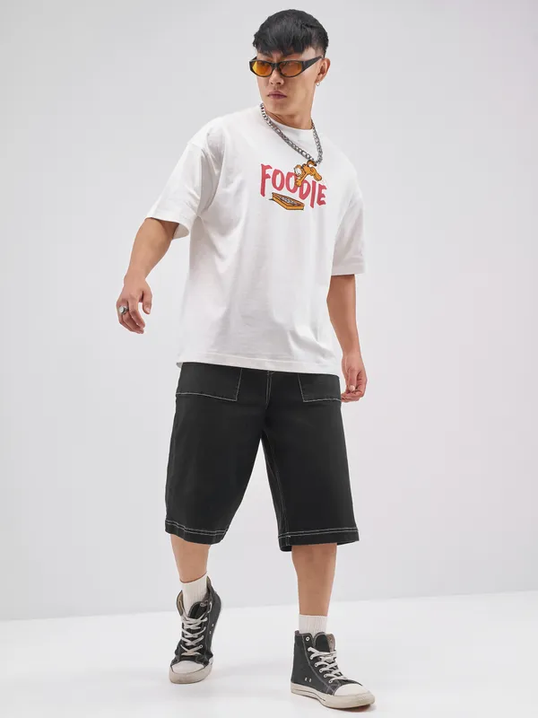 Highlander Men White Garfield Printed Round Neck Oversized Fit T-Shirt