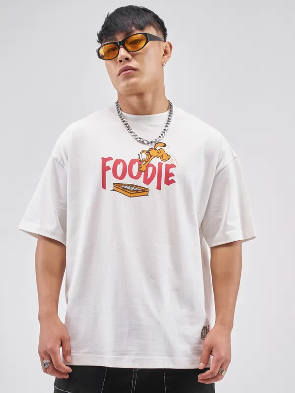 Highlander Men White Garfield Printed Round Neck Oversized Fit T-Shirt