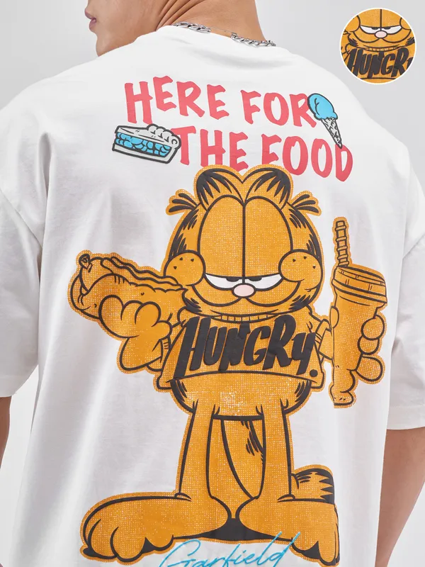 Highlander Men White Garfield Printed Round Neck Oversized Fit T-Shirt