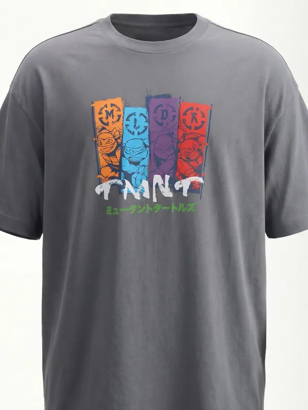 Highlander Men Grey Ninja Turtles Printed Round Neck Oversized Fit T-Shirt