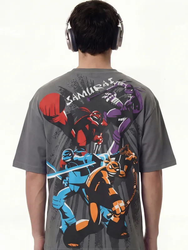Highlander Men Grey Ninja Turtles Printed Round Neck Oversized Fit T-Shirt