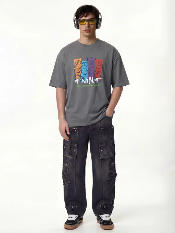 Highlander Men Grey Ninja Turtles Printed Round Neck Oversized Fit T-Shirt