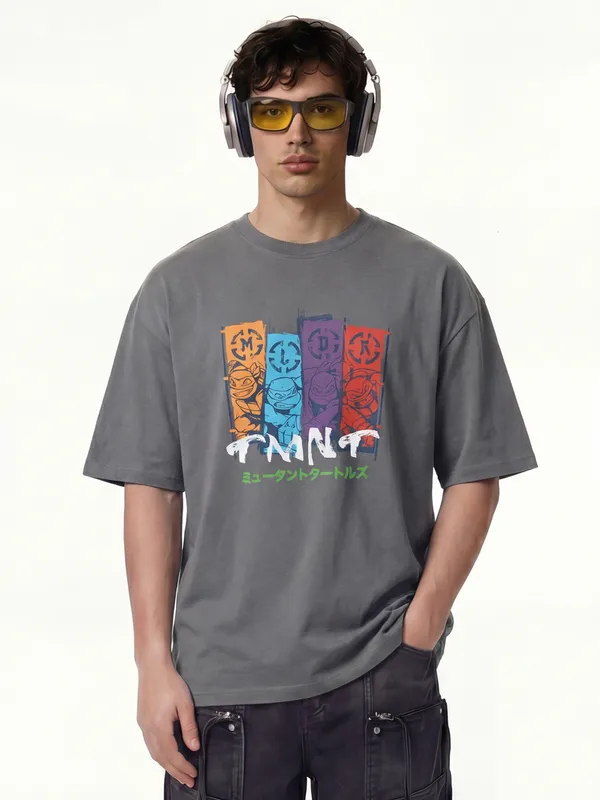 Highlander Men Grey Ninja Turtles Printed Round Neck Oversized Fit T-Shirt