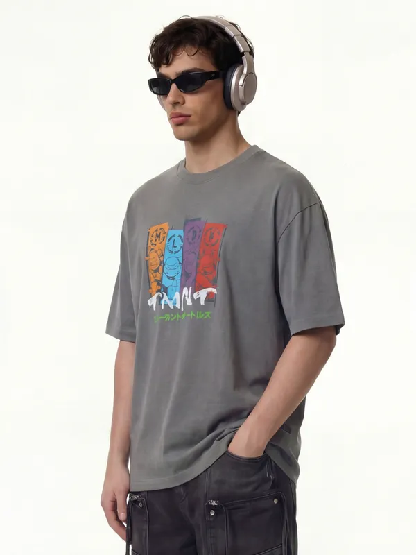 Highlander Men Grey Ninja Turtles Printed Round Neck Oversized Fit T-Shirt