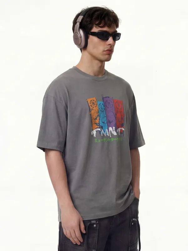 Highlander Men Grey Ninja Turtles Printed Round Neck Oversized Fit T-Shirt