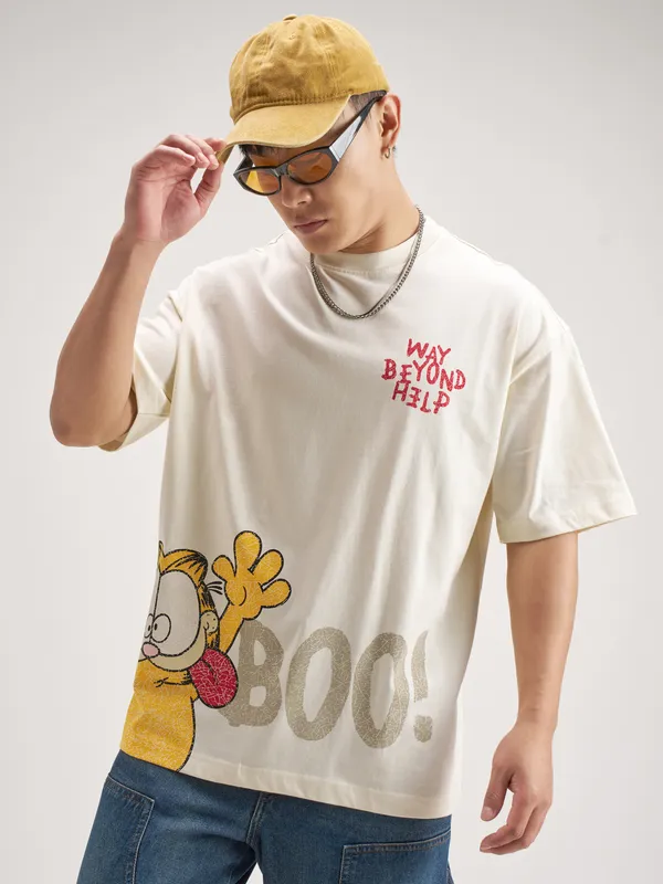 Highlander Men Beige Garfield Printed Round Neck Oversized Fit T-Shirt