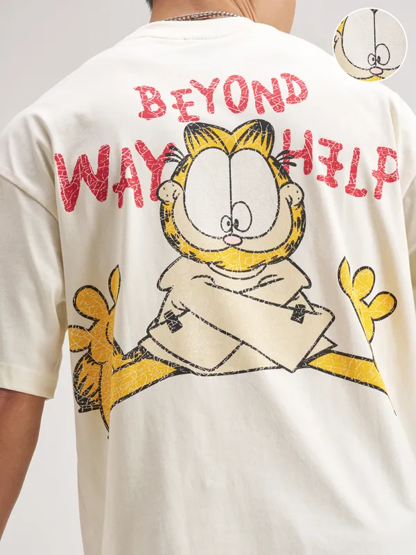 Highlander Men Beige Garfield Printed Round Neck Oversized Fit T-Shirt