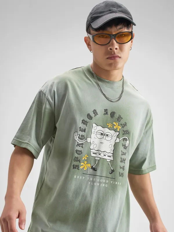 Highlander Men Green Spongebob Squarepants Printed Round Neck T-Shirt