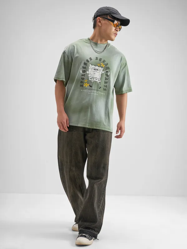 Highlander Men Green Spongebob Squarepants Printed Round Neck T-Shirt